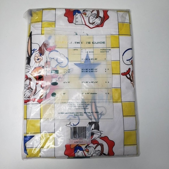 NEW Vintage Looney Tunes Vinyl Tablecloth 52x70" Oval White Yellow Check Taz - Picture 4 of 6